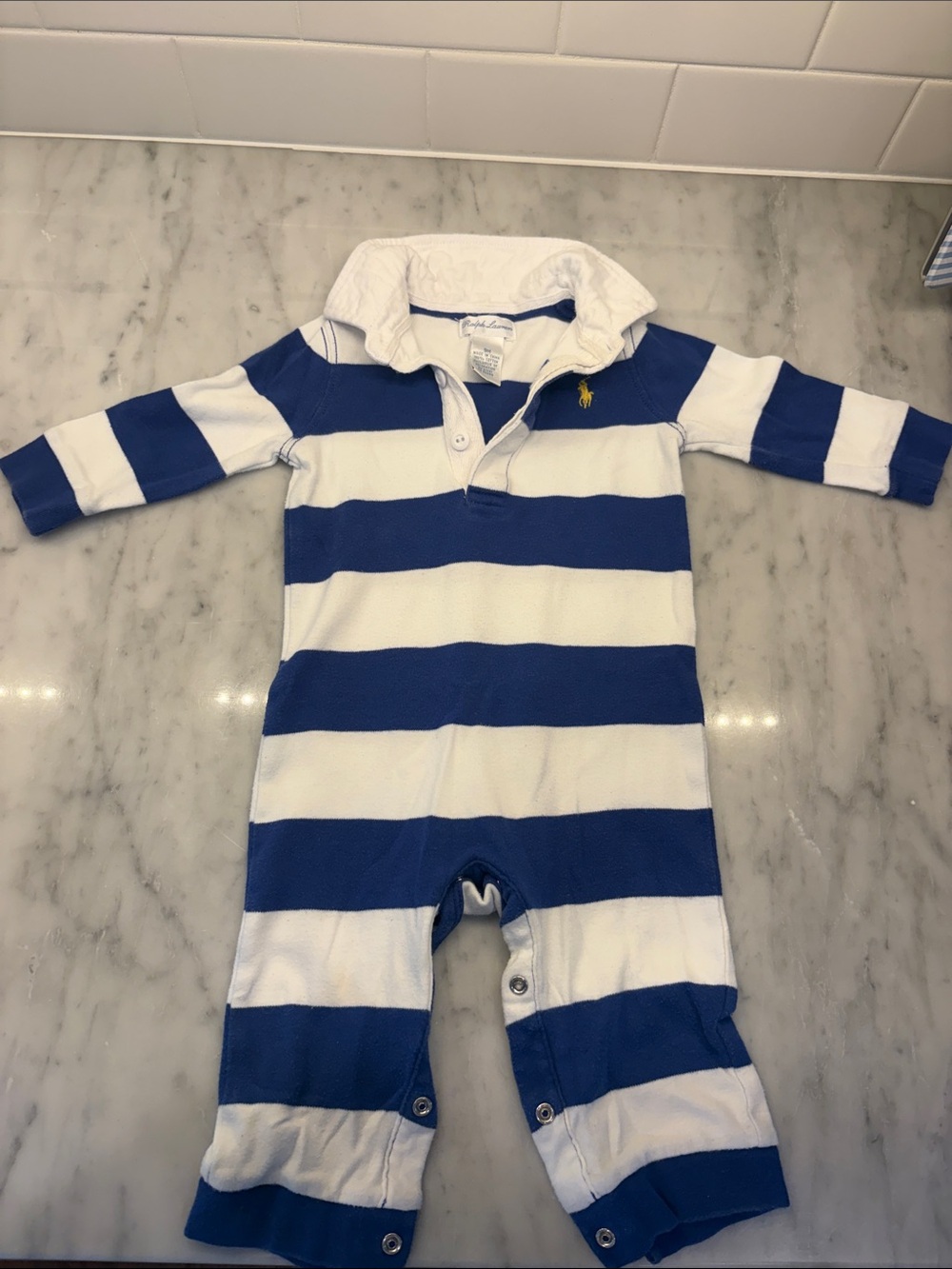 Ralph Lauren Blue & White Rugby Stripe Baby One-Piece - 9m